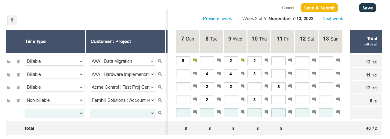 Timesheet grid in the Edit tab.
