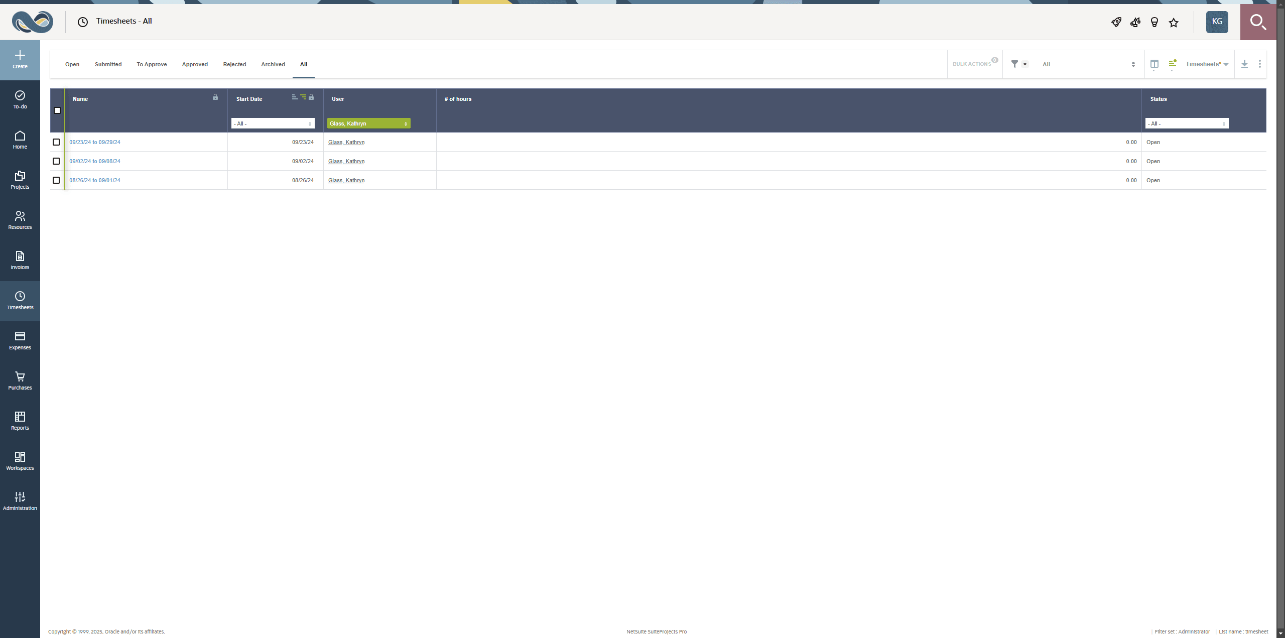 Timesheet list view screenshot