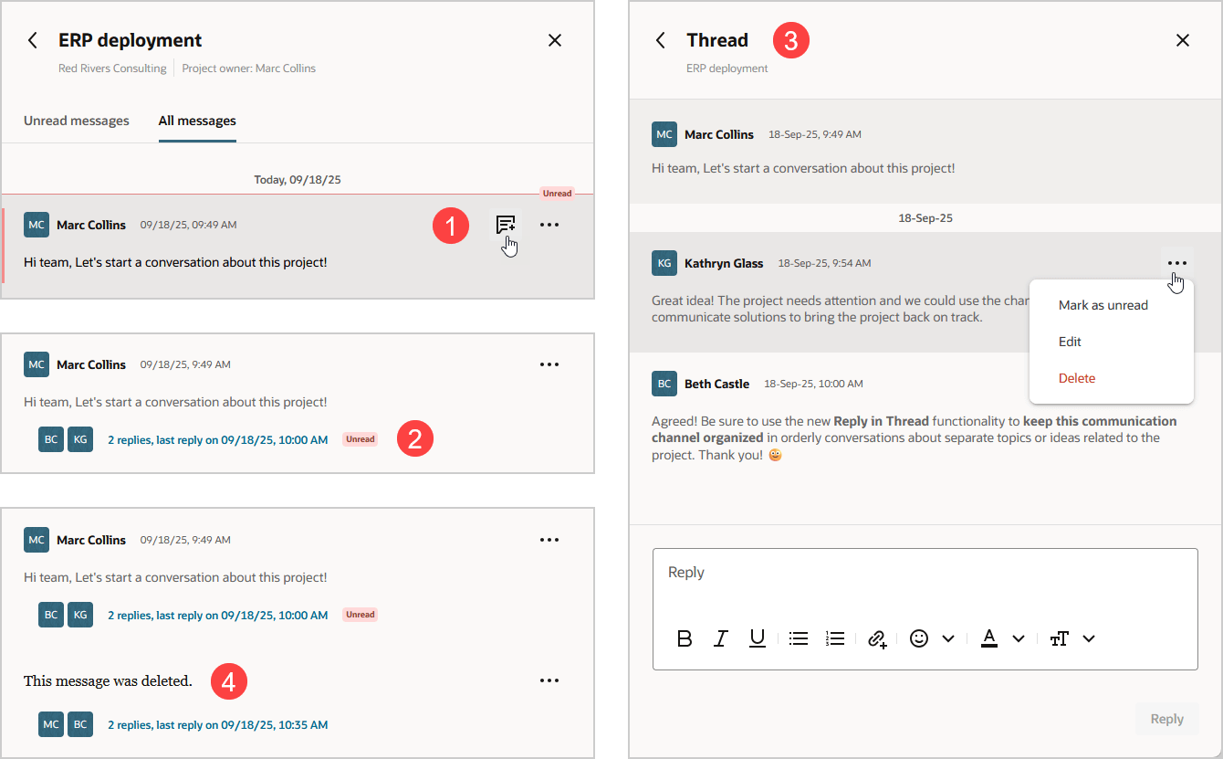 Composite image showing the different aspects of the Reply in Thread functionality.