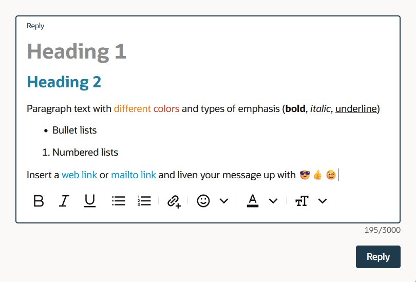 Rich Text message editor showing examples of different formatted content.