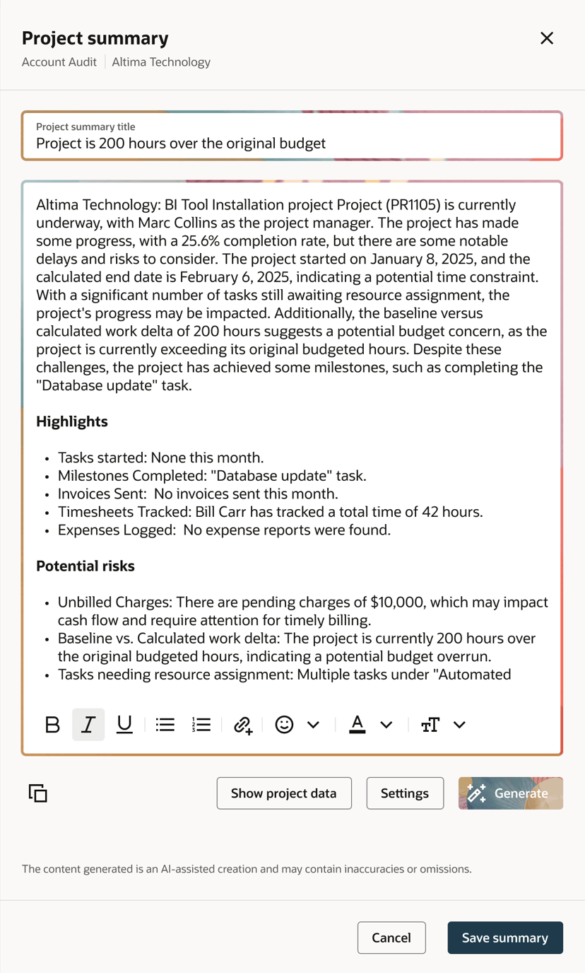 Preview of a project summary generated using project report data and large language model technology.