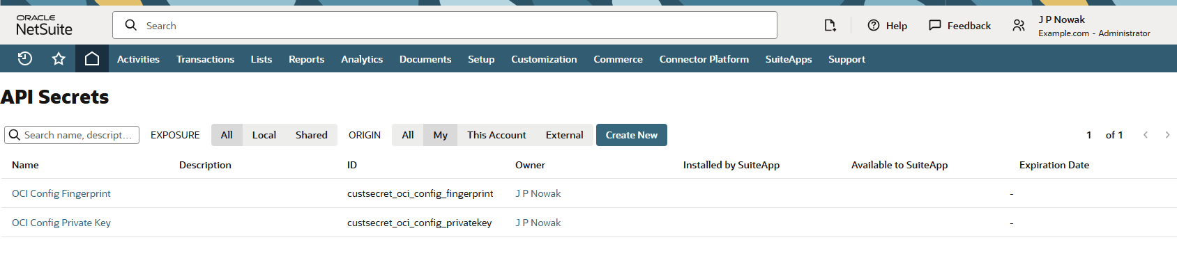 API Secrets management page showing example secrets created for the OCI fingerprint and OCI private key.