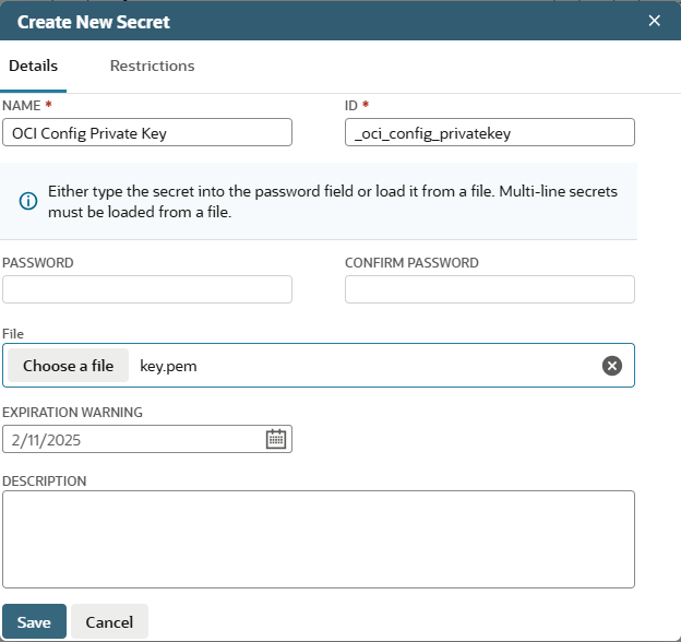 Create New Secrets dialog, Details tab, completed for the OCI private key as described in the procedure.