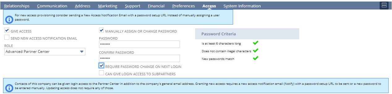 Access subtab