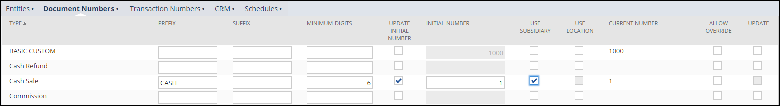 Document Numbers subtab