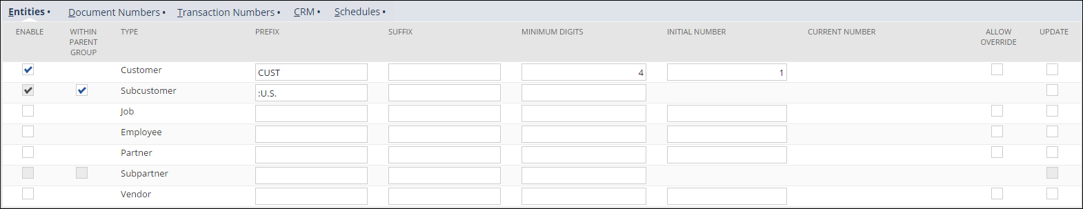 Entities subtab with the Customer and Subcustomer boxes checked.