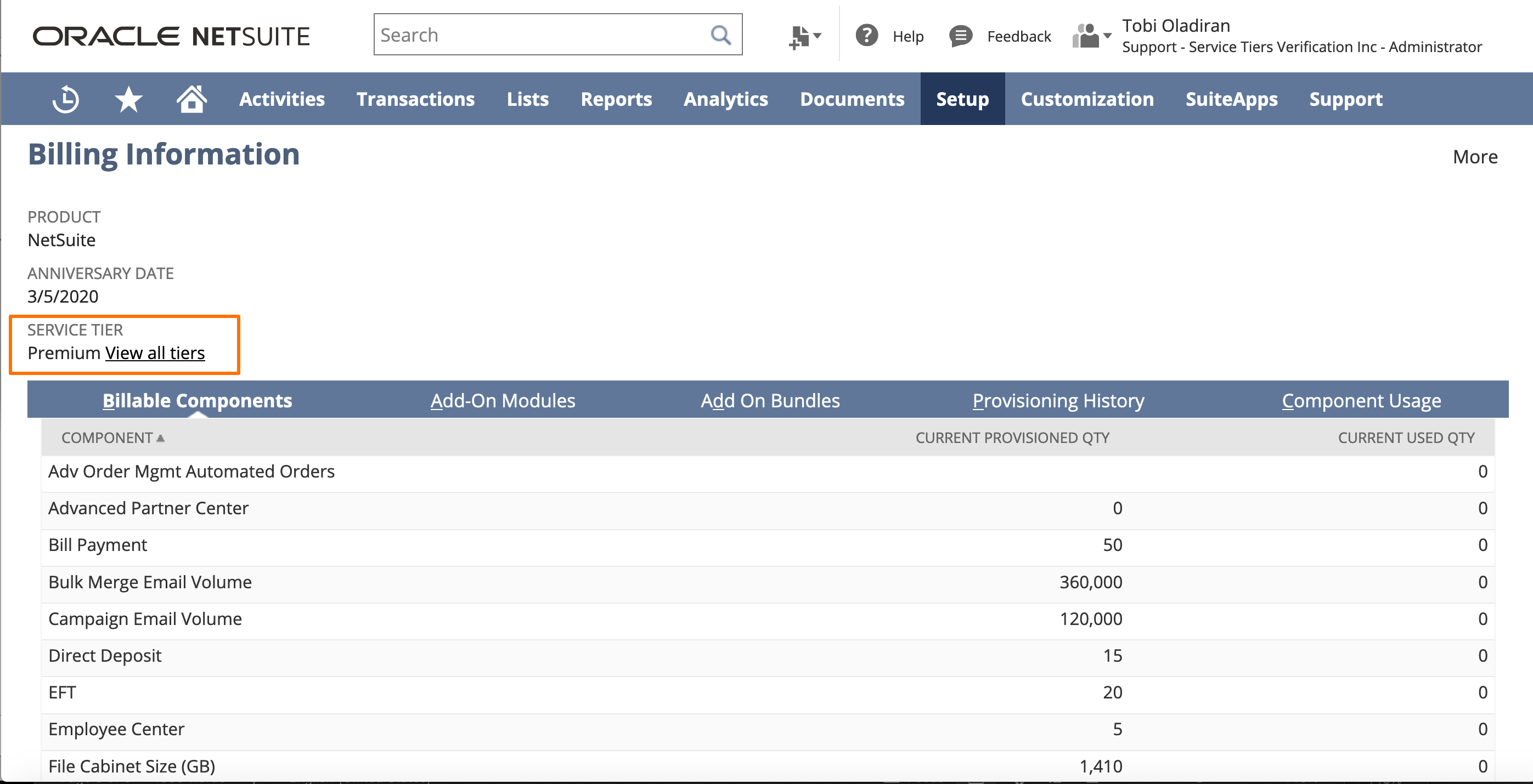 Service Tier field on the Billing Information page.