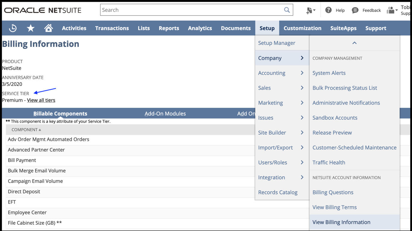 Service Tier field on the Billing Information page.