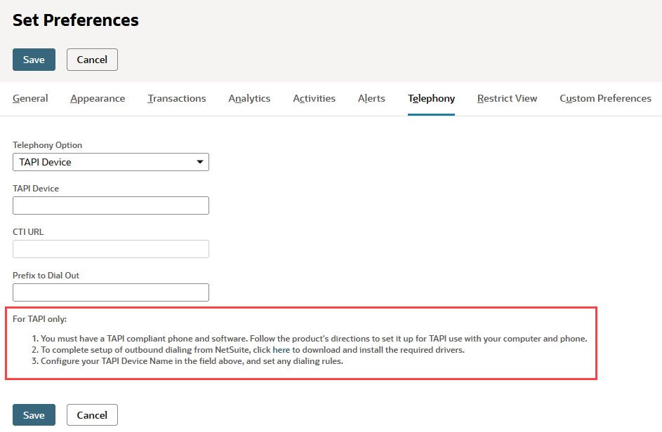 Telephony subtab with download instructions.