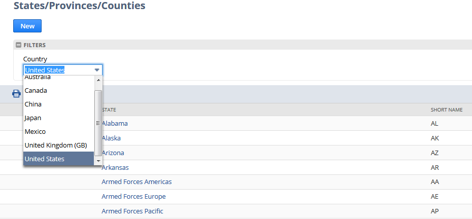 Country options on the States/Provinces/Counties page.