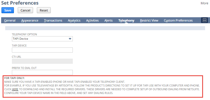 Telephony subtab with download instructions.