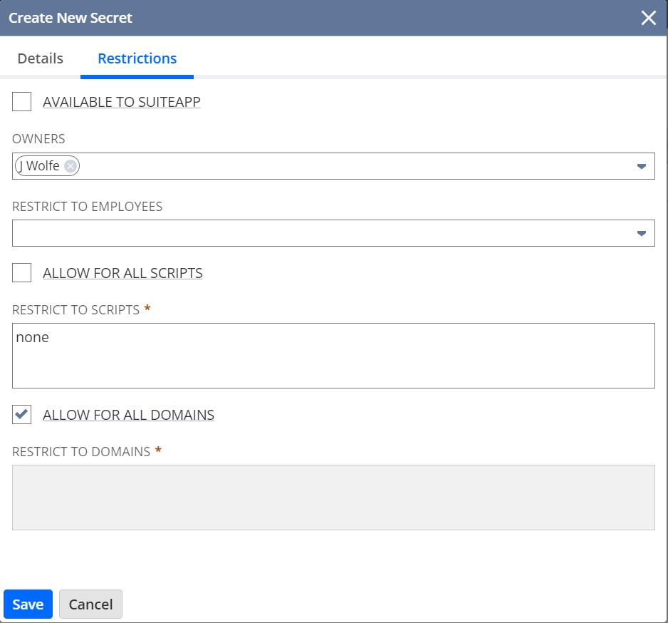 Create New Secrets dialog, Restrictions tab, completed for the OCI fingerprint as described in the procedure.