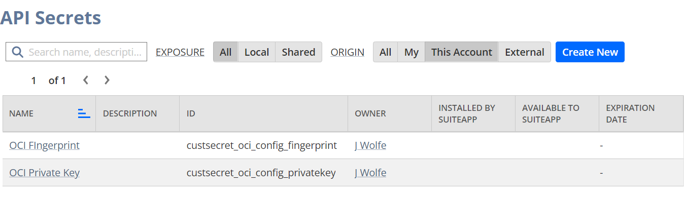 API Secrets management page showing example secrets created for the OCI fingerprint and OCI private key.