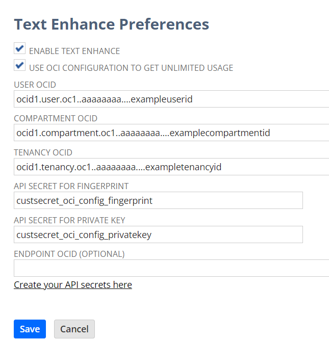 Text Enhance Preferences page with the OCI configuration fields completed as described in this procedure.