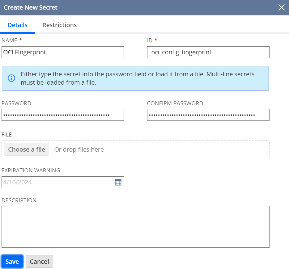 Create New Secrets dialog, Details tab, completed for the OCI fingerprint as described in the procedure.