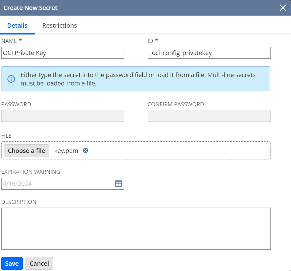 Create New Secrets dialog, Details tab, completed for the OCI private key as described in the procedure.