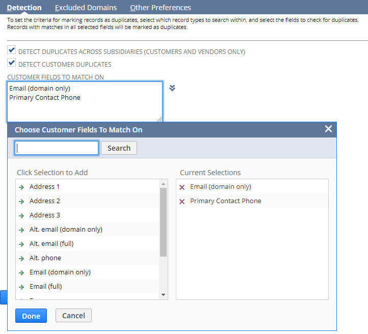 Customer Fields To Match On field