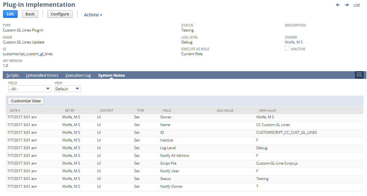 System Notes subtab on the Plug-In Implementation page.