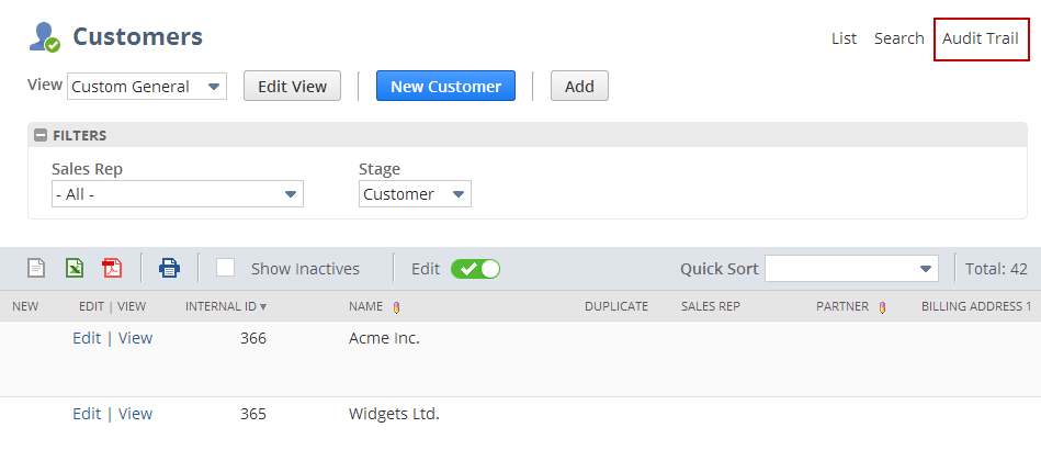Audit Trail link on the Customers page.
