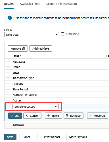 Being Processed field outlined in red on the Results subtab.