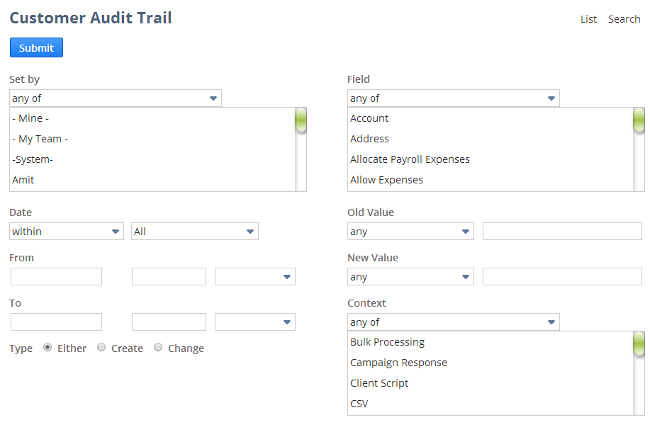 Customer Audit Trail search criteria.