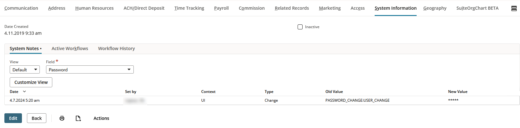 The System Notes subtab on the System Information subtab.