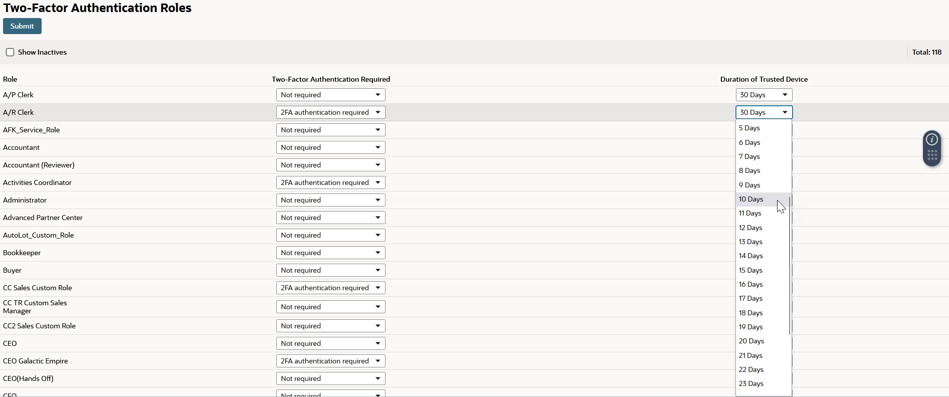 Duration of Trusted Device dropdown list on the Two-Factor Authentication Roles page.