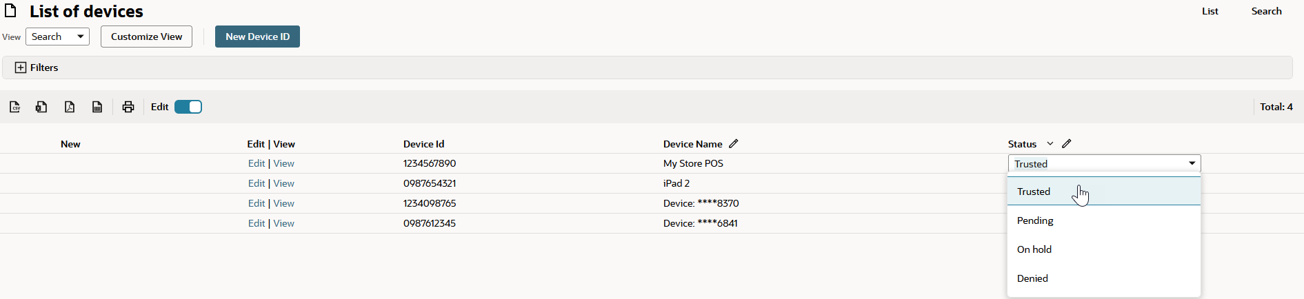 Changing the device status using inline editing.