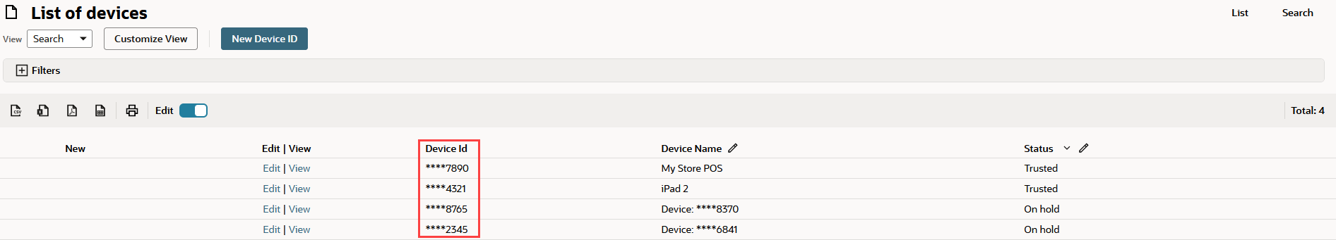 Masked device IDs on the List of devices page.