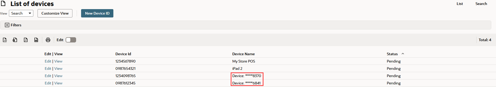 Two device records created manually.