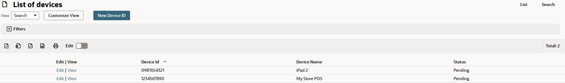 List of devices page showing two device records.