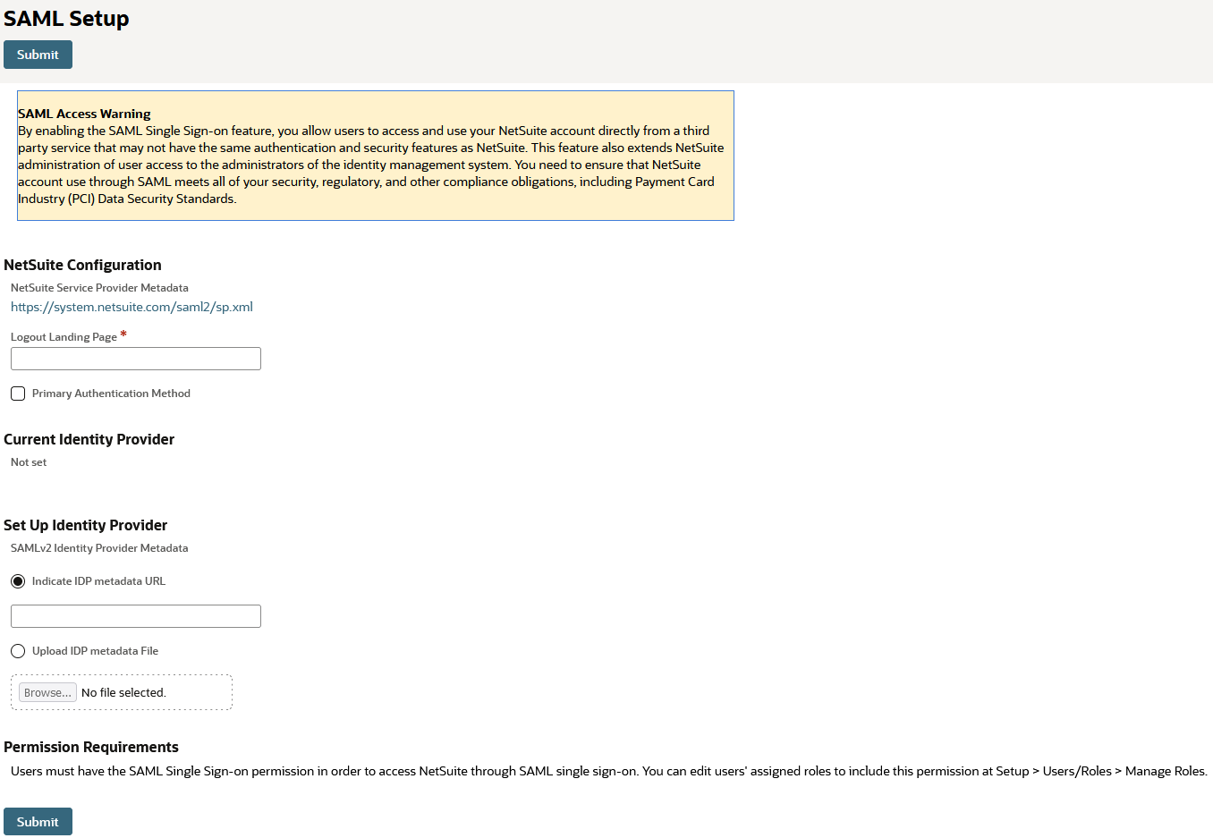 NetSuite Service Provider Metadata field highlighted on the SAML Setup page.