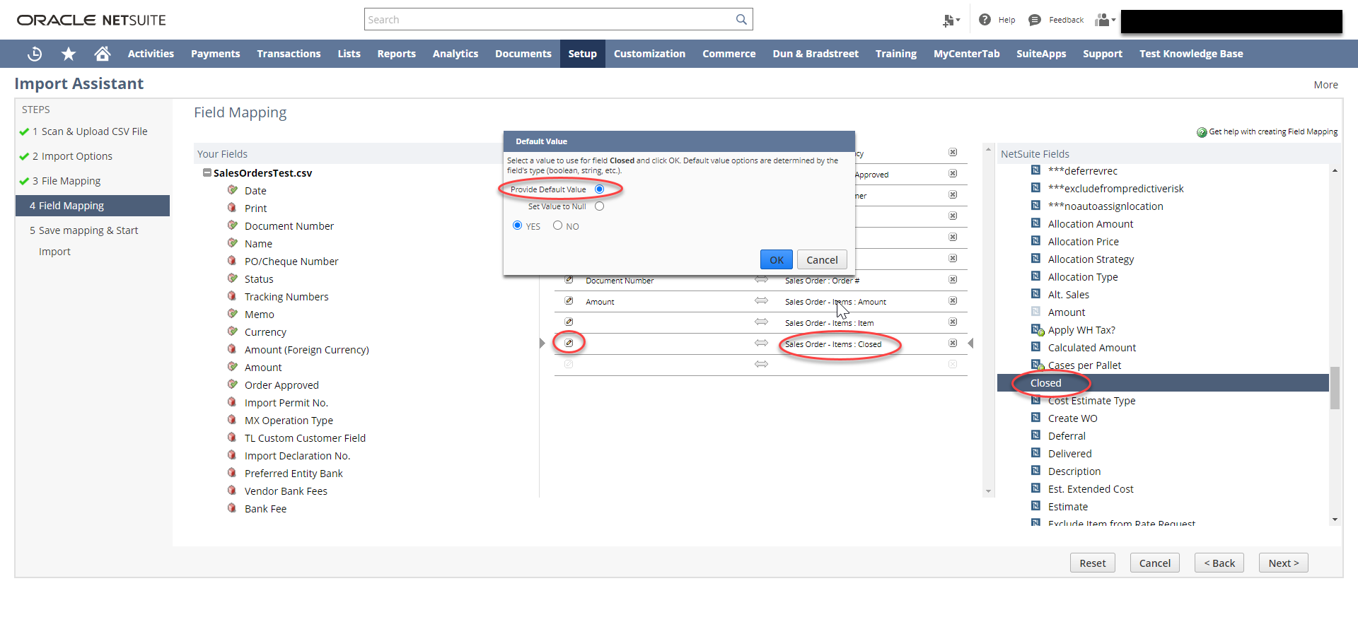 Setting Closed field to Yes for all items in the Items sublist.