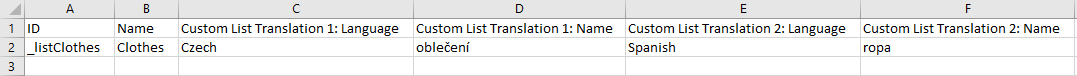 Custom List CSV example with two translations.