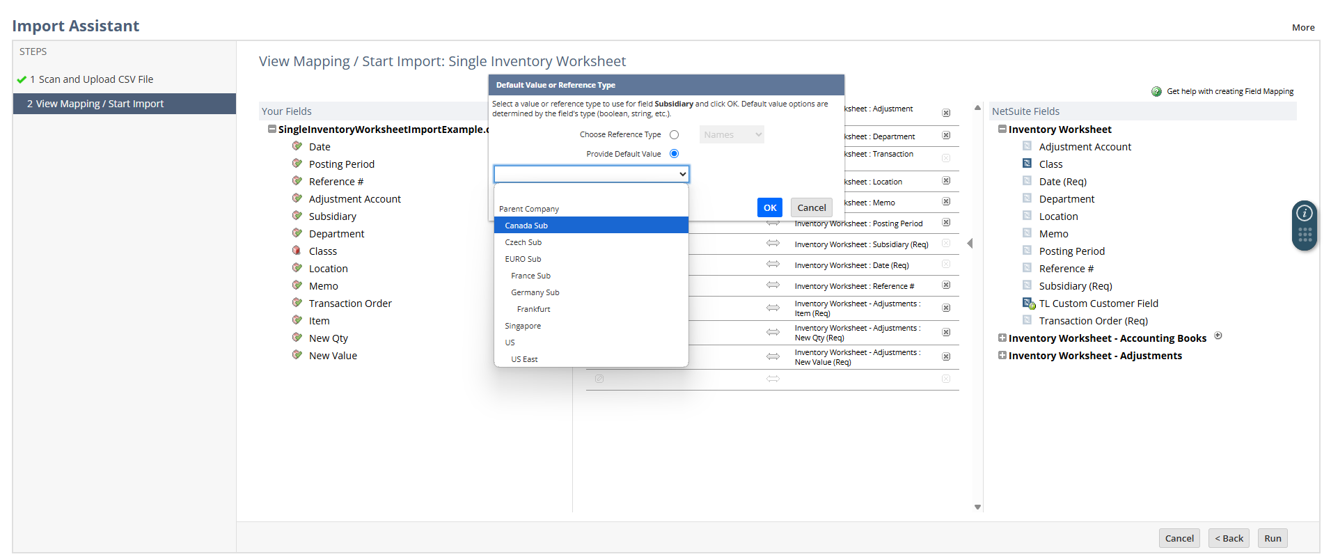 Import Assistant Default Value or Reference Type window.