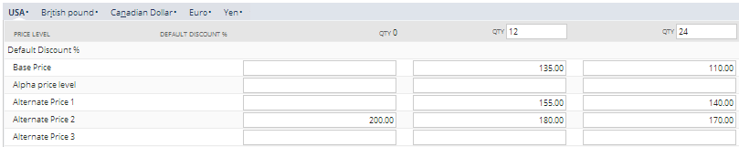 Sales/Pricing subtab with two prices missing in one column.