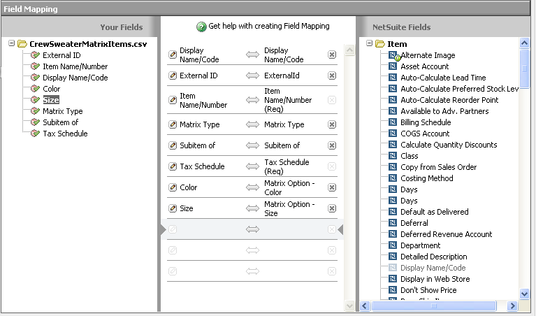 Sample mapping for a matrix items import.