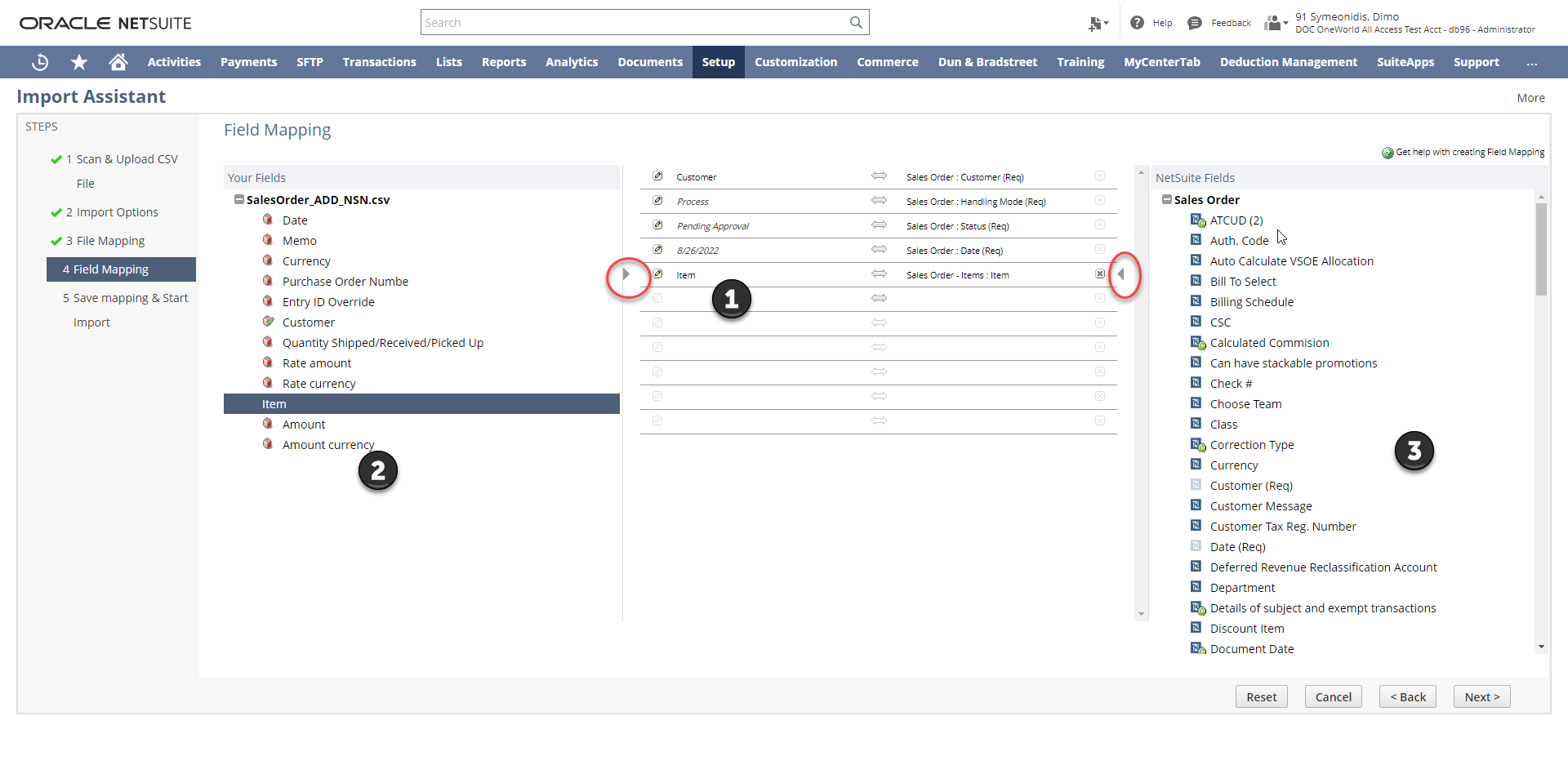 Import Assistant Mapping page with numbering on each pane, showing the steps for manual mapping