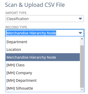 Merchandise Hierarchy Node record type selected on the Import Assistant page.