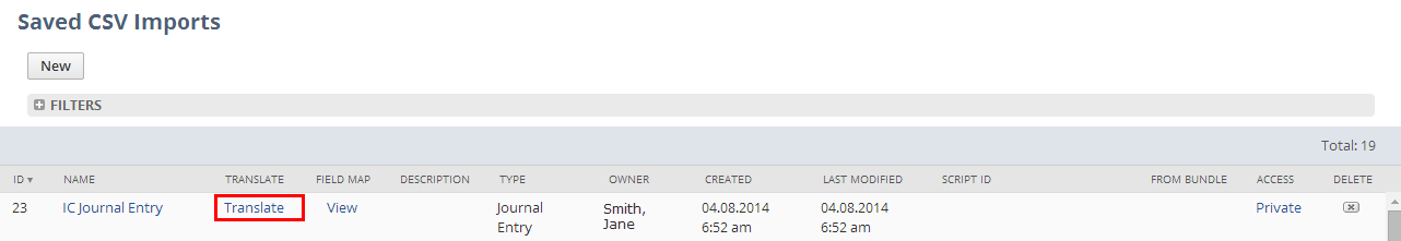 Translate field on the Saved CSV Imports page.