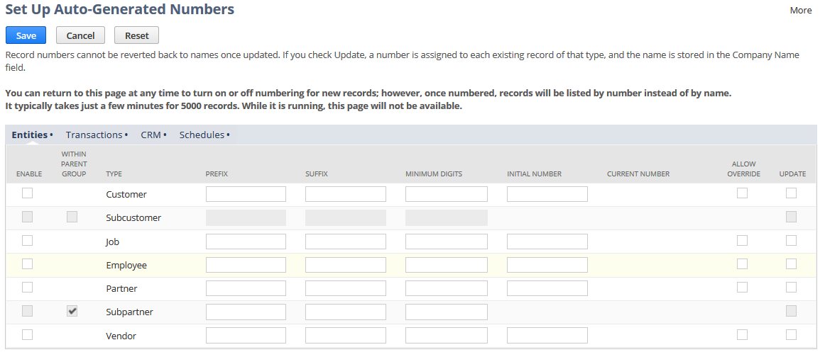 Set Up Auto-Generated Numbers page.