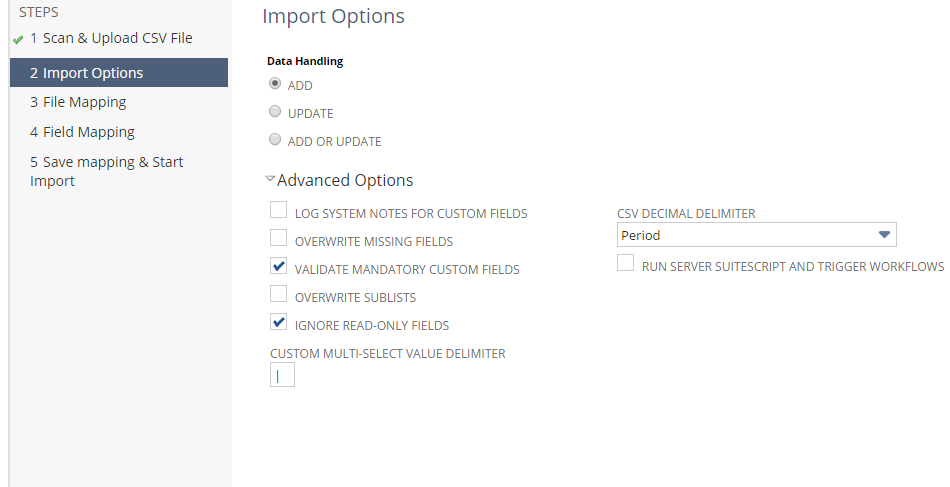 Import Assistant Step 2 Import Options.