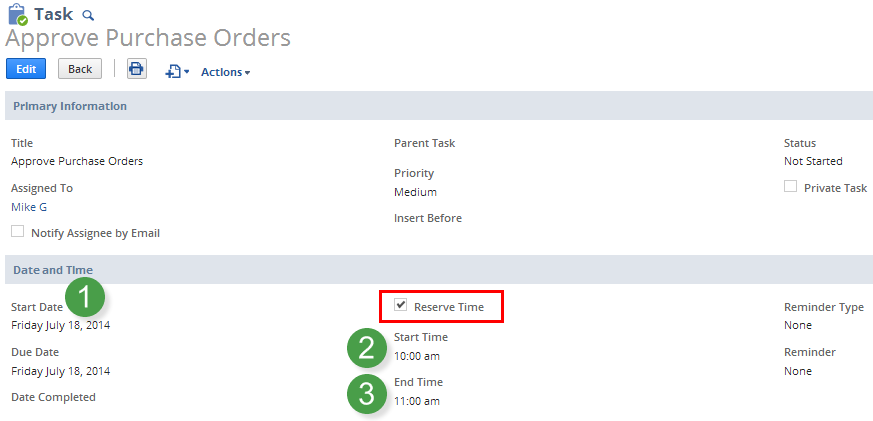 Date and time fields highlighted on the Task page.