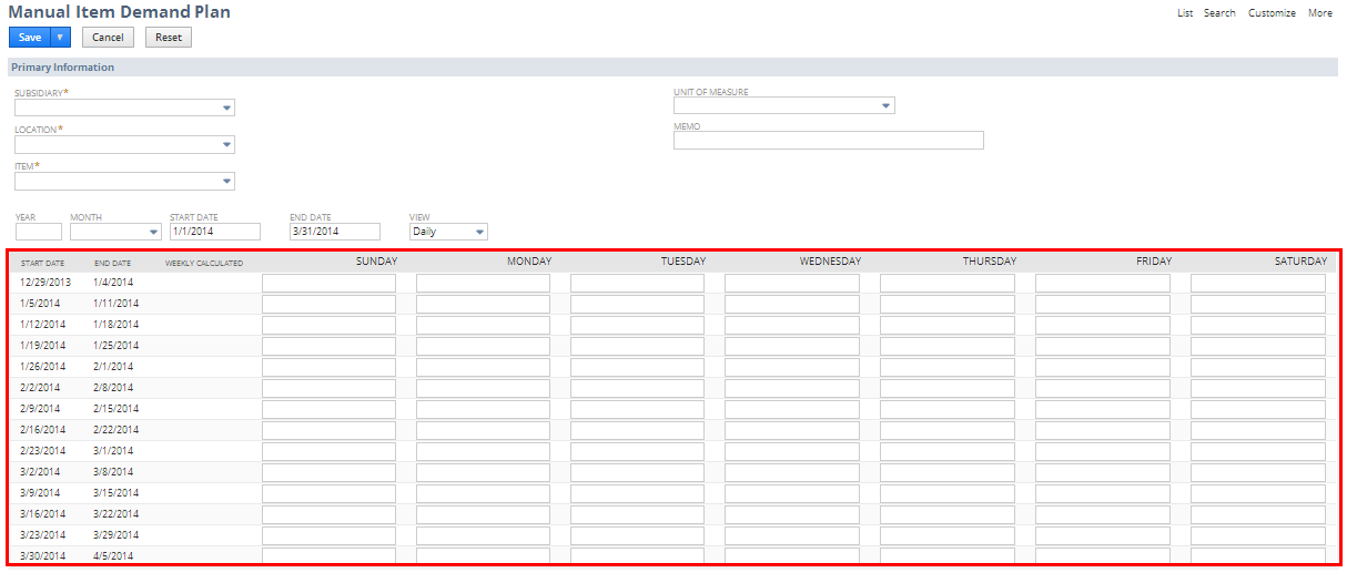 Sublist fields on the Daily Item Demand Plan.