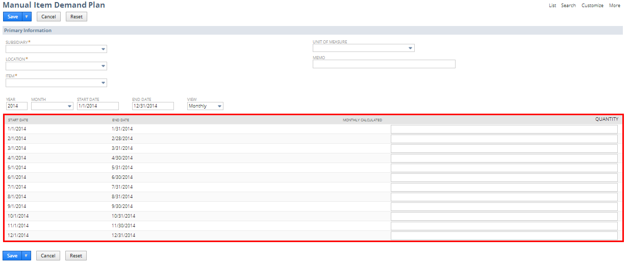 Sublist fields on the Monthly Item Demand Plan.