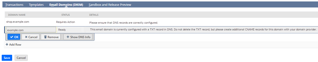 Displaying the CNAME information for an existing email domain.