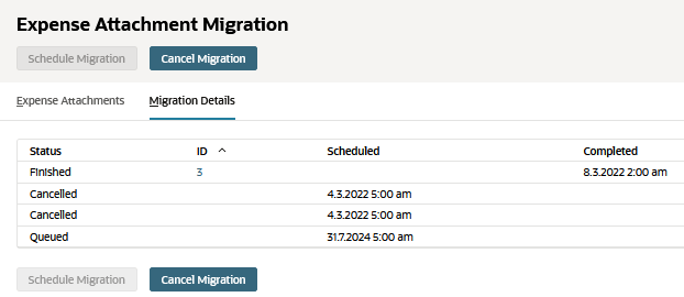 Migration Details subtab on the Expense Attachment Migration page.