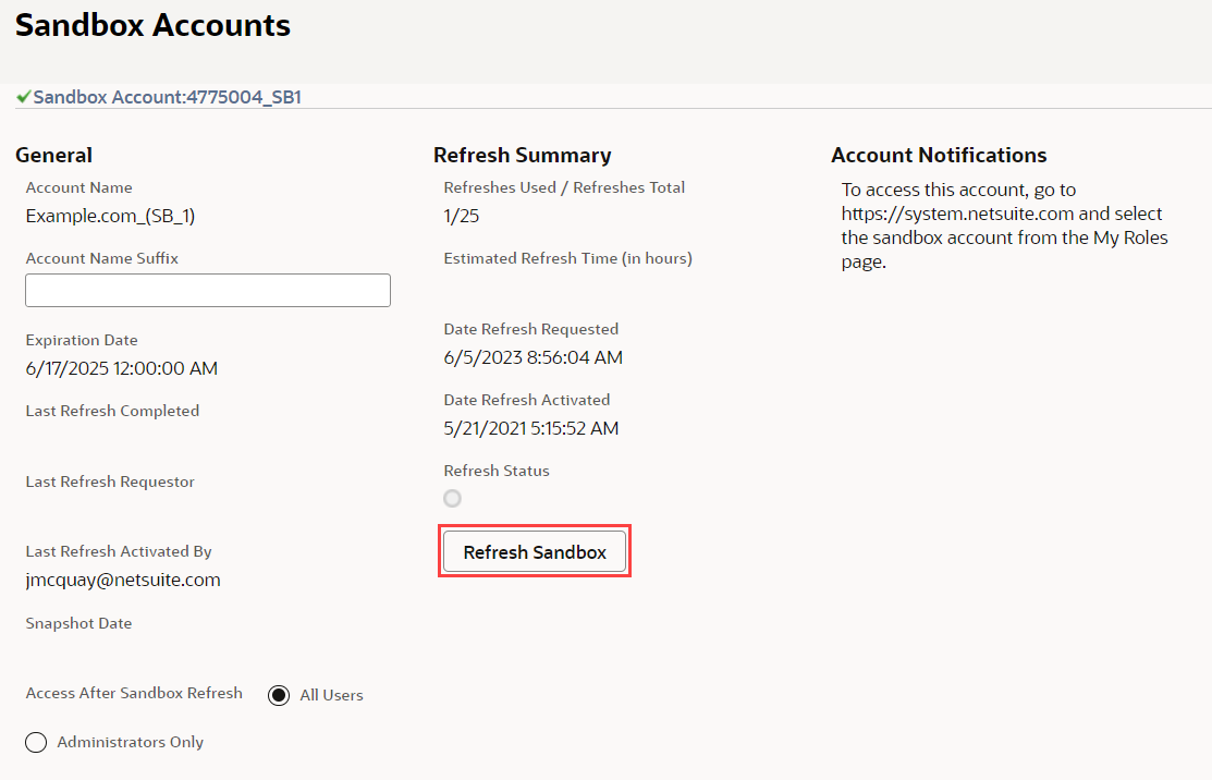 Sandbox Accounts page and where on the page the Refresh Sandbox button is found.