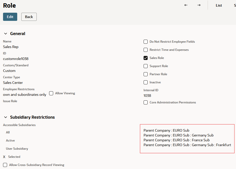 The New Role page with the Subsidiaries list highlighted.