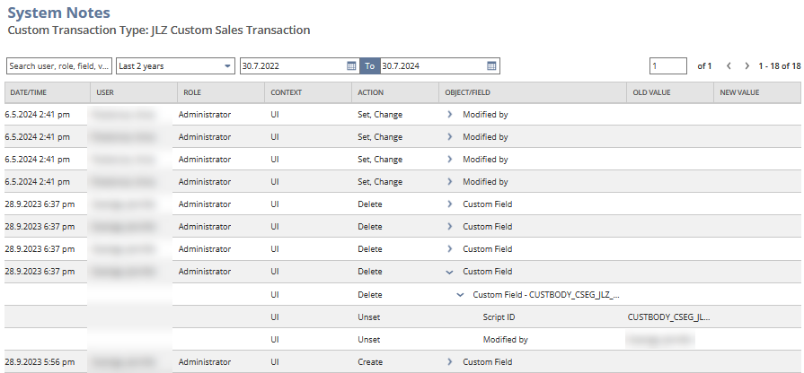 The System Notes v2 page with audit data grouped by action.